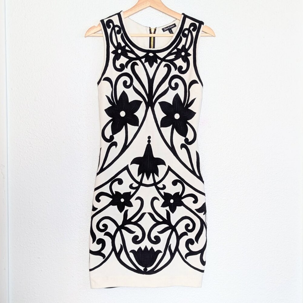 Y2K Juicy Couture Midi Bodycon Dress Size 2 Embroidered Floral Full Zip Back
